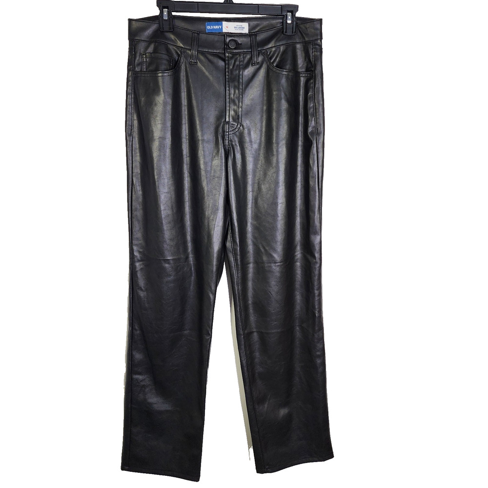 Old Navy Womens Pants Size 12 High Waisted OG Loose Faux Leather Black Loose Leg